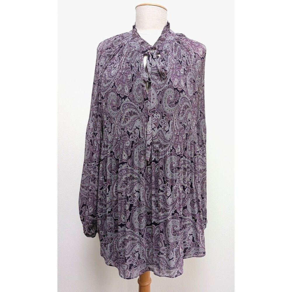 Lauren Ralph Lauren Womens Blouse Shirt Sz 2X Purple Paisley Neck Tie Lined